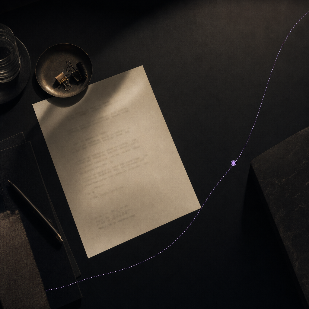 A research desk at night: a revealed signal printout beside its dotted price path